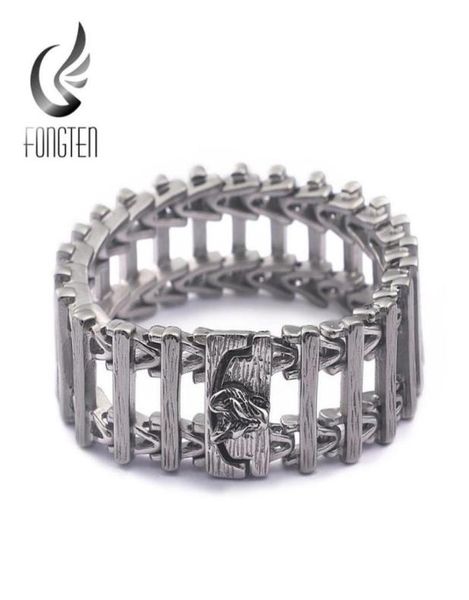 

fongten wolf charm hollow mens bracelet punk viking stainless steel special rock bracelets wide heavy fashion jewelry link chain689114235, Black