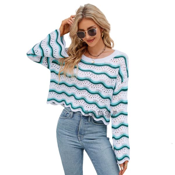 

womens sweaters fashion waves stripes hollow out knitted sweater female jumpers women flared long sleeve crew neck pullover loose outerwear, White;black