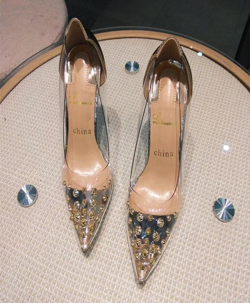

real po fashion women pumps pvc clear spikes studded pointy toe high heels high heels shoes 12cm 10cm stilettos shoes5698498, Black