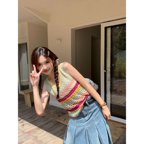 

womens clothing summer colorful hollow knitted vest, Black;white