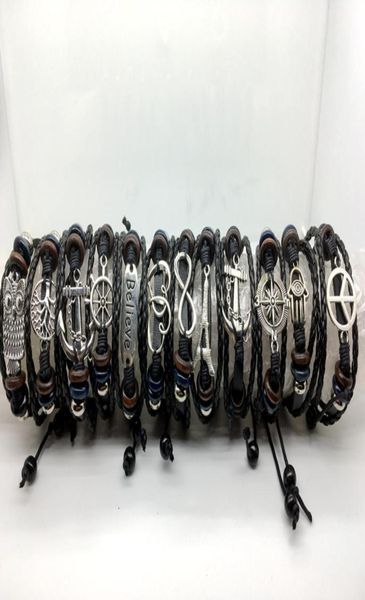 

12pcs handemade anchor bracelet mens womens owl leather weave bracelet multilayer bead wristband charm bracelets mixed jewelry ban7922766, Golden;silver