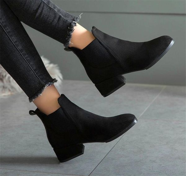

women autumn winter flock ankle boots slipon round toe 35cm square heel solid casual black camel booties size 35411038335