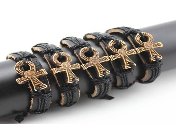 

whole lot 12 pcs men women039s handwoven egyptian ankh leather bracelets wrap hemp bangles gifts mb769004209, Black