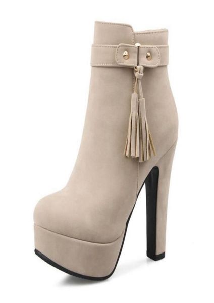 

brand new women platform round toe ankle boots woman thick high heel shoes ladies tassel zipper botas mujer97417402603766, Black