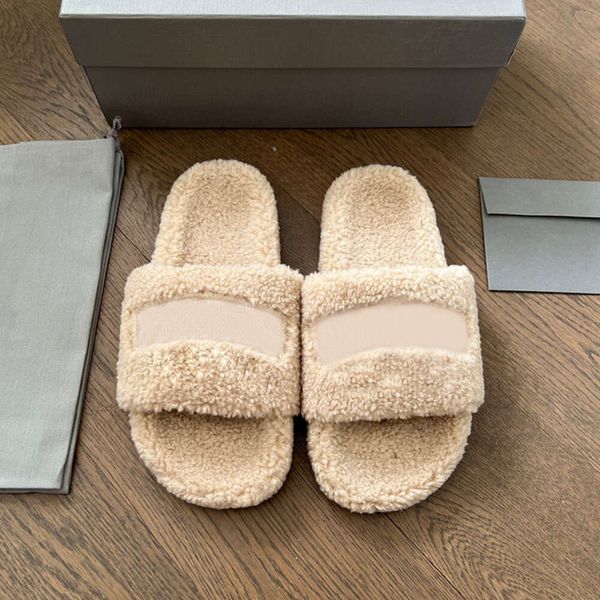

slippers wool slides women winter sandals flat slipper designers warm shoes soft luxury plush fur rubber sole with box no469, Black