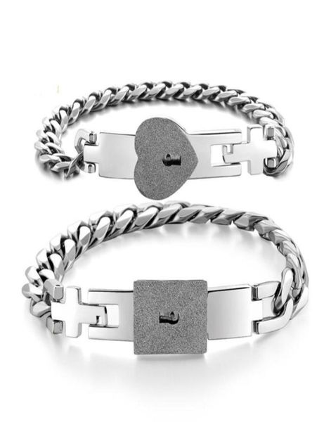 

2pcs silver tone stainless steel lover heart love lock bracelet with lock key bangles kit couple jewelry gift7533286, Golden;silver