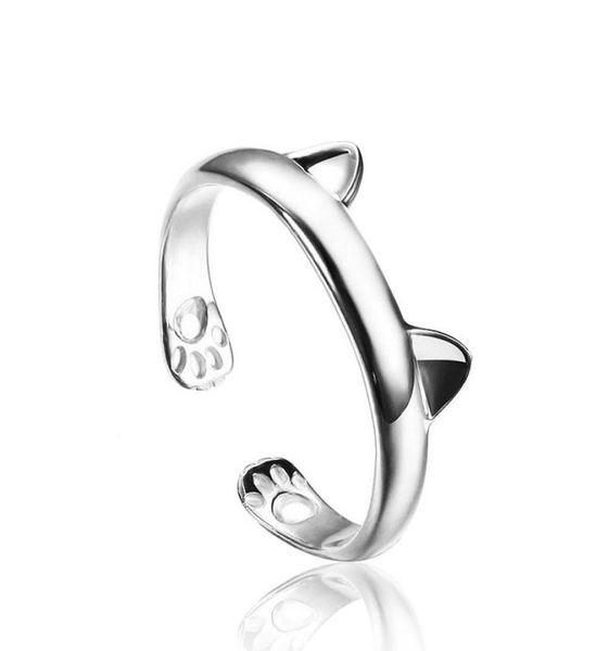 

selling 925 silver rings simple cute cat ear design adjustable finger ring pawprint cat animal jewelry bulk9227300
