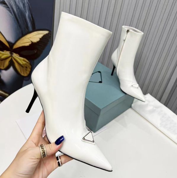 

designer boots women side zipper leather pointed fashion boot casual 8.5cm high heel white triangle decoration autumn winter pump shoes 35-4, Black