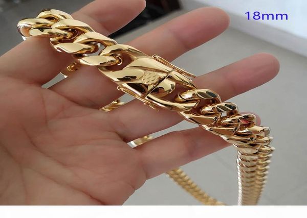 

16mm 18mm men hip hop cuban link necklaces bracelets 316l stainless steel choker jewelry high polished casting chains double safet3382853, Silver