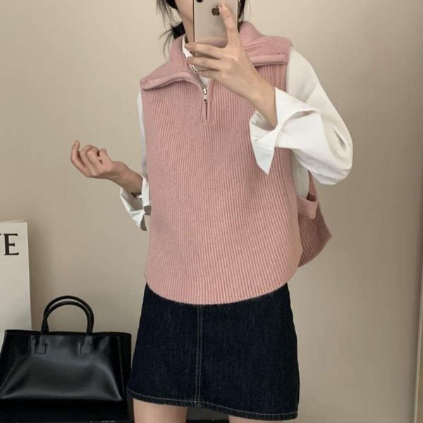 

autumn and winter fashionable lapel zipper sweater vest shawl women sleeveless versatile loose folded knitted top, Black;white
