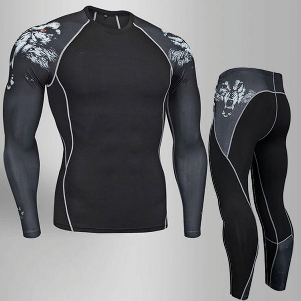 

men's thermal underwear compression underwear men's winter thermal underwear mma 3d wolf bodybuilding t-shirt rashgarda leggings 2, Black;white