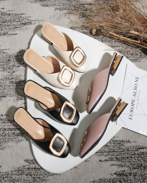 

closed toe mules women genuine leather low heels slippers casual metal buckle slip on slides shallow loafers big size shoes6912358, Black