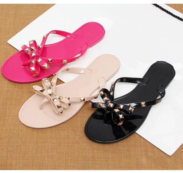 

2019 fashion bow v flip flops stud beach shoes summer rivets slippers thong sandals nude4662554, Black