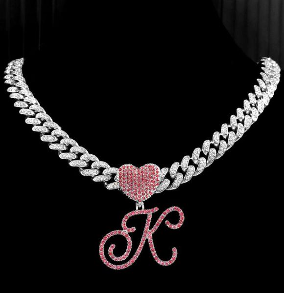 

pendant necklaces hip hop necklace with pdtif heart shape pink cursive letters chain cuban zircon sparkly punk jewelry az 2209094922828, Silver