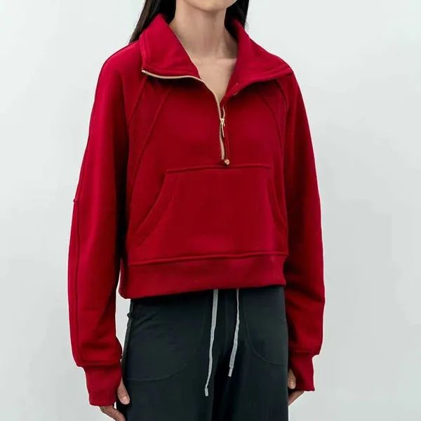 

yoga outfits ll-99 women fitness hoodies runing jacket ladies sport half zipper sweatshirt thick loose short style coat with fleece thumb ho, Black