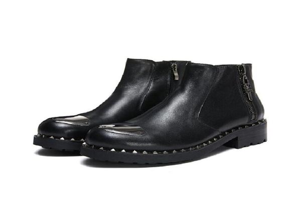 

gun toe men rivets motorcycle boots double zip man street boot metal big head mens leather sneakers cowhide6815804, Black
