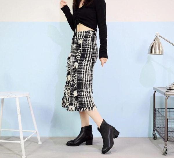 

leather boots women039s 2021 cowhide thick heel midheel layer cowhide white leather back zipper single 15776304, Black