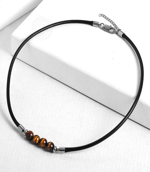 

8mm natural tiger eye stone bead necklace charm black leather cord choker necklace for men women jewelry gift dn1252550872, Silver