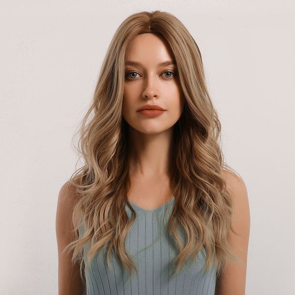 

blonde wig with low highlights long wavy wig without bangs stylish middle parting hair replacement synthetic wig for women, Black