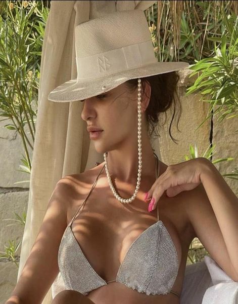 

wide brim hats arrival white straw hat for women with pearl chainwide3601077, Blue;gray