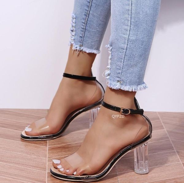 

peep toe women039s sandals ankle strap high heels pu clear crystal transparent classic buckle women shoes 2204089822527, Black