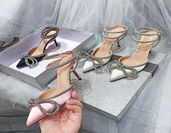

fashion sandals bow rhinestone pointed satin women strap stiletto high heels3073384, Black