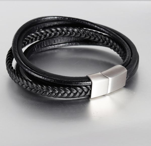 

2019 classic genuine leather bracelet for men multilayer black brown woven rope wristband stainless steel clasp boys cool jewelry 5108482, Golden;silver