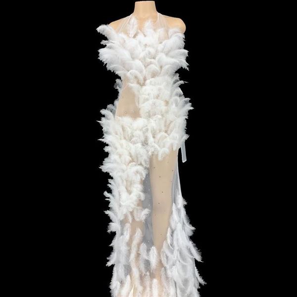 

stage wear rhinestoness see through mesh white feathers long dress women evening wedding birthday party dresses singer clothe187o, Black;red