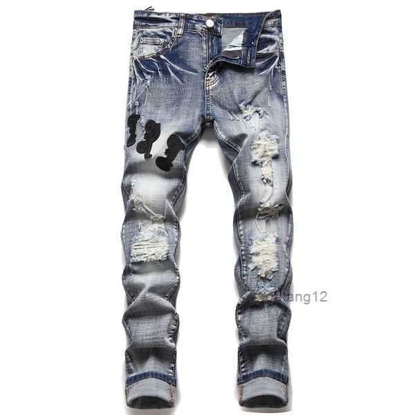 

star jeans for 2023 new fashion men designer jeans ripped with orange stars regular fit letter embroidery zipper fly black medium pencil pan, Blue