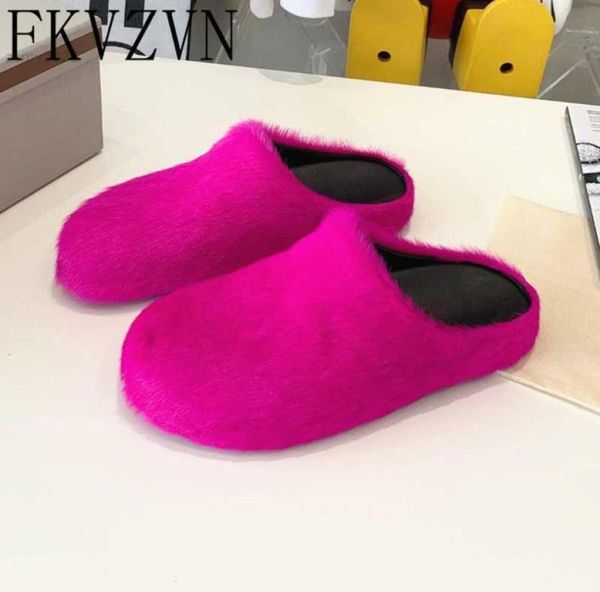 

horsehair slippers women round toe mule shoes runway flats thick sole leisure outwear green genuine leather shoes woman9976121, Black