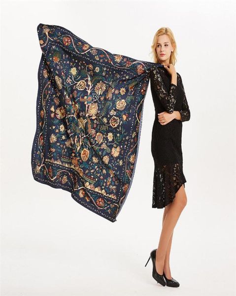 

new 100 silk scarf women large shawls desire tree print stoles square bandana kerchief scarf female foulards 130cm6984336, Blue;gray
