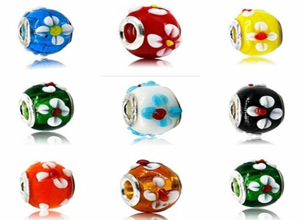 

100pcs lot fashion round flower lampwork glass big hole beads fit european charm bracelet diy jewelry gift gb014113728, Black
