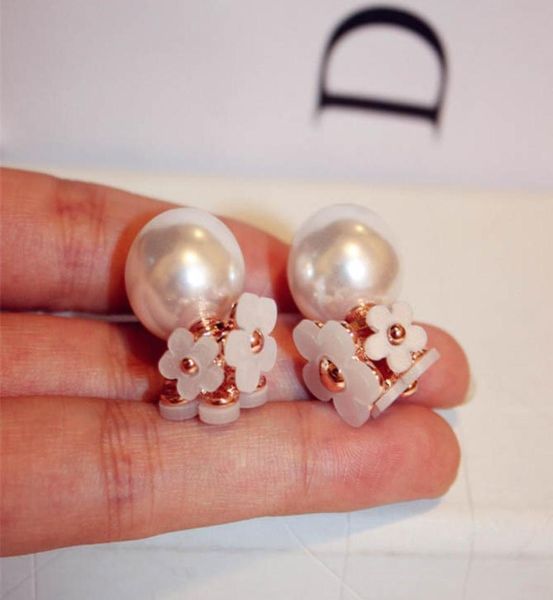 

simple ins fashion style earrings unique designer double sided flower pearl elegant stud earrings for woman black white2142010, Golden;silver