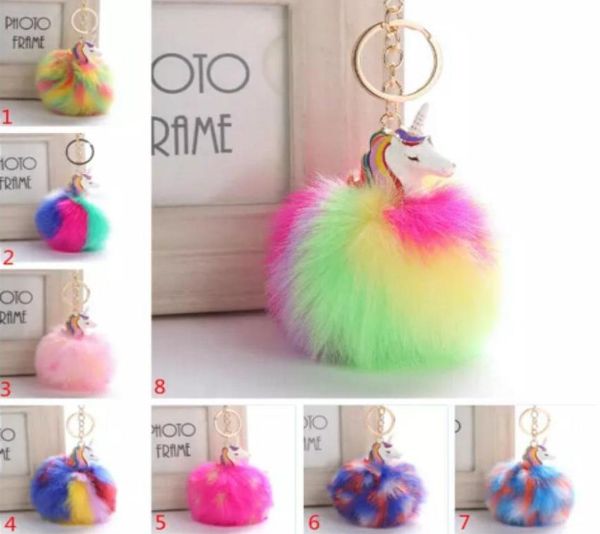 

fluffy metal alloy unicorn pom keychain pendant cute pompom artificial rabbit fur ball key chain bag car key ring hang bag 9cm9097846, Silver