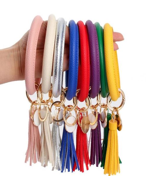 

30 style leather bracelet key chain pu wrist key ring tassel pendant wristbands sports keychain bracelets bangle round rings party2588292, Silver