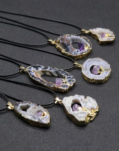 

jewelry necklaces pendants agate rough sliced hollow crystals with amethyst gold plated edges7113486, Silver