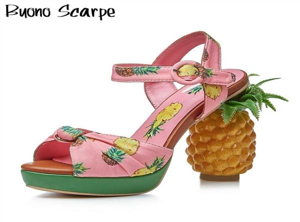

pineapple high heel sandals pepp toe platform women sandals buckles summer party ladies shoes printed knot elegant heels shoes9117971, Black