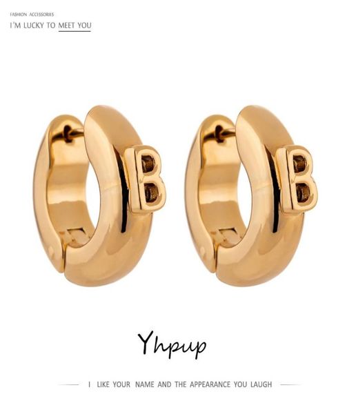 

yhpup fashion letter small b chunky hoop earrings for women simple metal 14 k copper trendy earrings boucle d039oreille femme7236704, Golden;silver