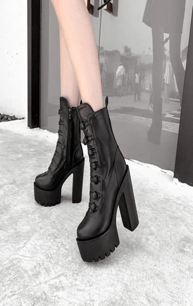 

boots ymechic 2021 arrival autumn goth punk mid calf high heels buckle design black gothic platform womens shoes 35402301600