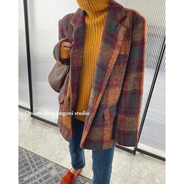 

womens wool blends women plaid woolen blazers tweed winter jacket trench coat elegant chic overcoat korean fashion clothing suits autumn plu, Black