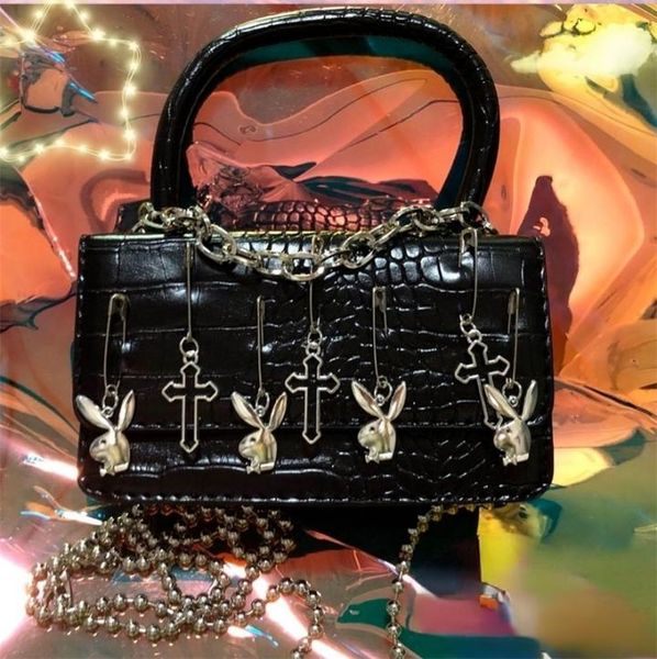 

harajuku gothic shoulder bag woman metal punk moto biker style female handbags cross paper clip rabbit dark messenger purses 220613292406