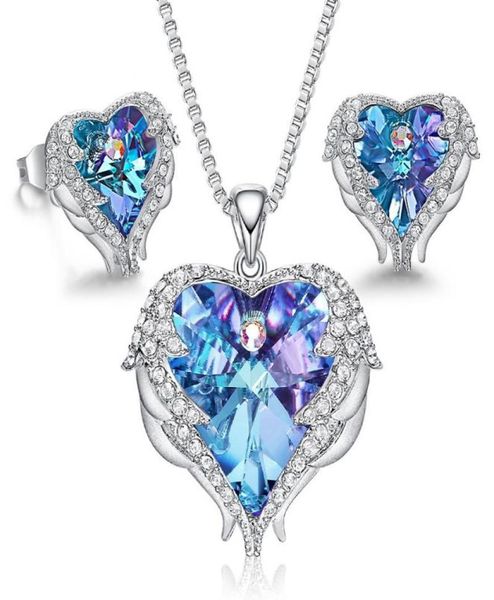 

luxury designer jewelry women necklace crystal heart earrings iced out pendant engagement wedding set bling diamond girl fashion s8433095, Silver