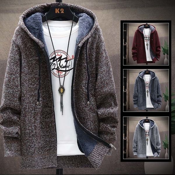 

men's sweaters faliza hooded cardigan knitted sweater mens solid color thick fleece wool casual knitwear male clothing sweaters for men, White;black