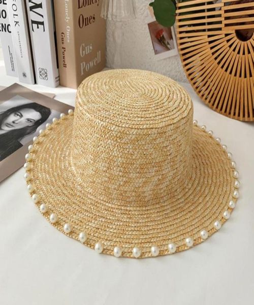 

berets fashion summer women natural straw hat with pearl decor belt elegant travel beach sunhat visor caps casual panama boater9840953, Blue;gray