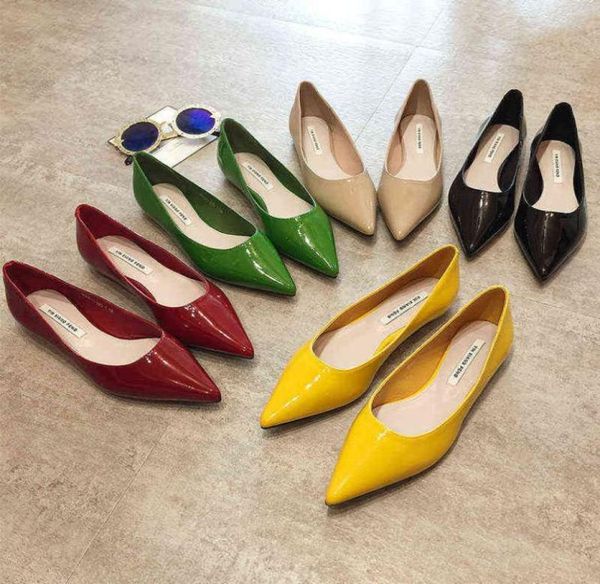 

flat heel shoes women pointed toe patent leather lemon yellow wine red lady fashion flats candy color flat sole large size 42 43 y5178882, Black