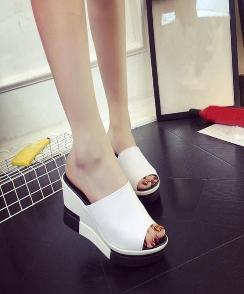 

women039s summer sandals shoes peeptoe ladies flip flops high heels wedges flop in stocks7112057, Black
