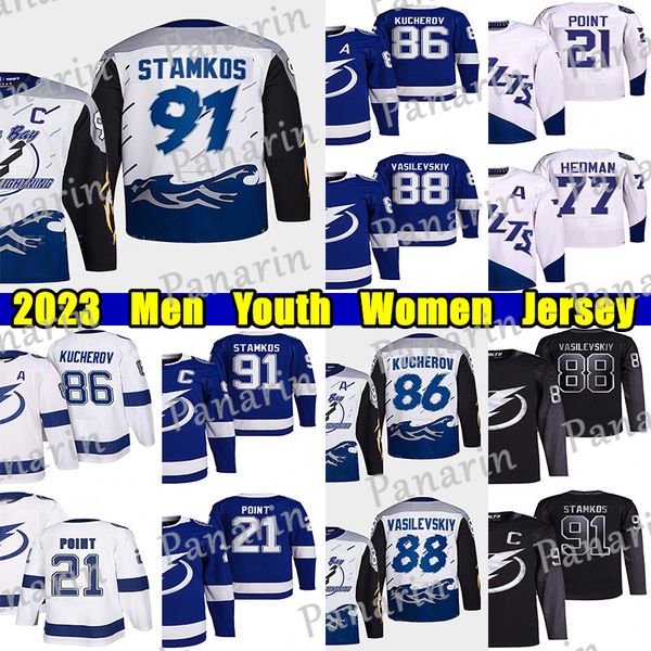 

#91 steven stamkos reverse retro hockey jersey #86 nikita kucherov andrei vasilevskiy brayden point victor hedman mikhail sergachev sheary a, Black;red