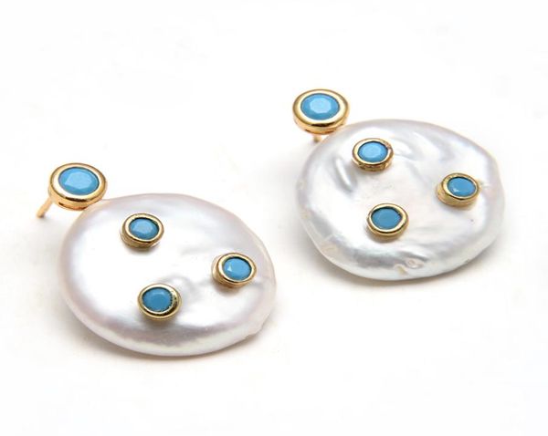 

guaiguai jewelry natural freshwater cultured white coin pearl turquoise blue cz pave gold plated stud earrings for women1849796, Silver