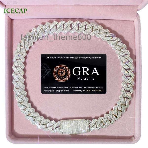 

18 mm 3 rows vvs moissanite diamond chain white rose gold plated hip-hop necklace cuban link chain, Silver