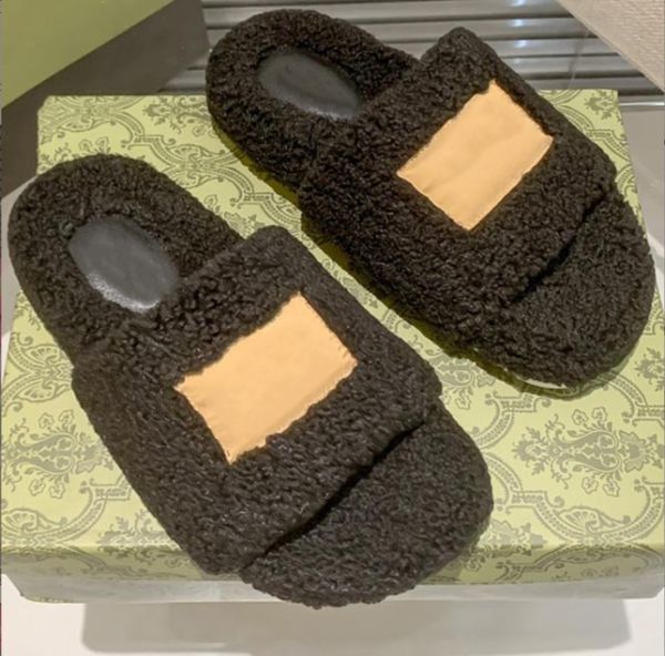 

2022 winter women woolen slippers luxury designer plush fur sandals fashion warm convenient shoes different colors4275204, Black